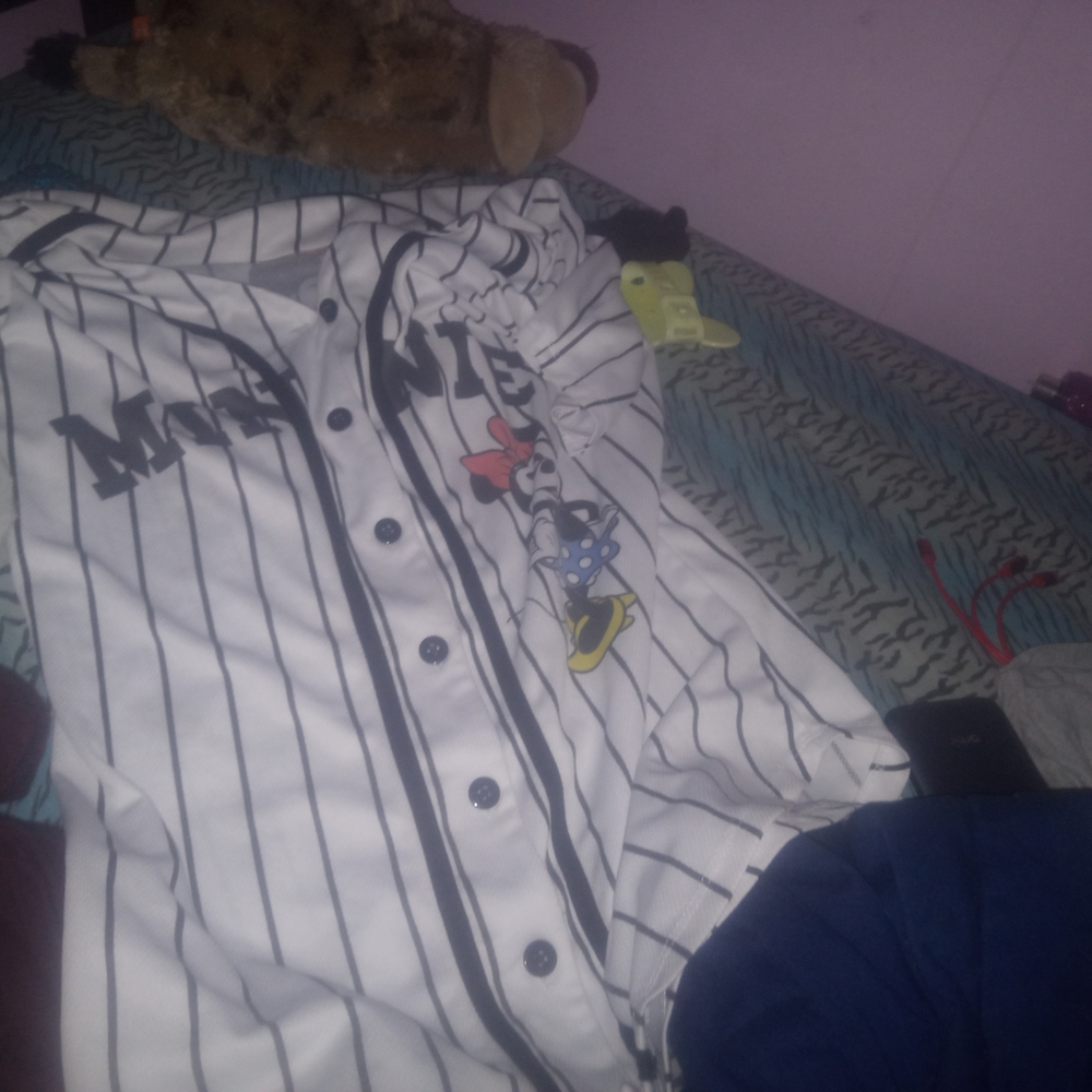 White and Black Button Down Shirt with Pinstripes, And Minnie Mouse